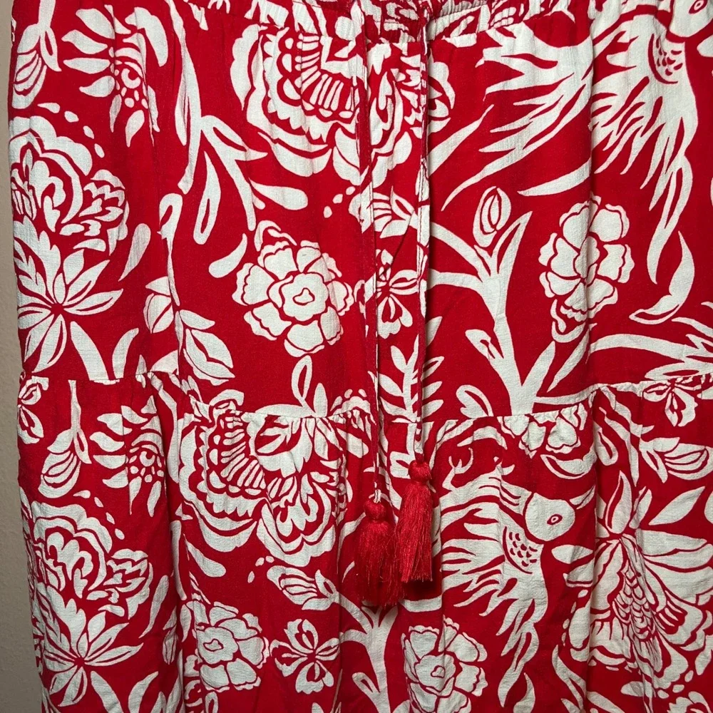 Knox Rose Mini Skirt Womens L Red White Floral Bird Tiered Boho Tassel Breezy